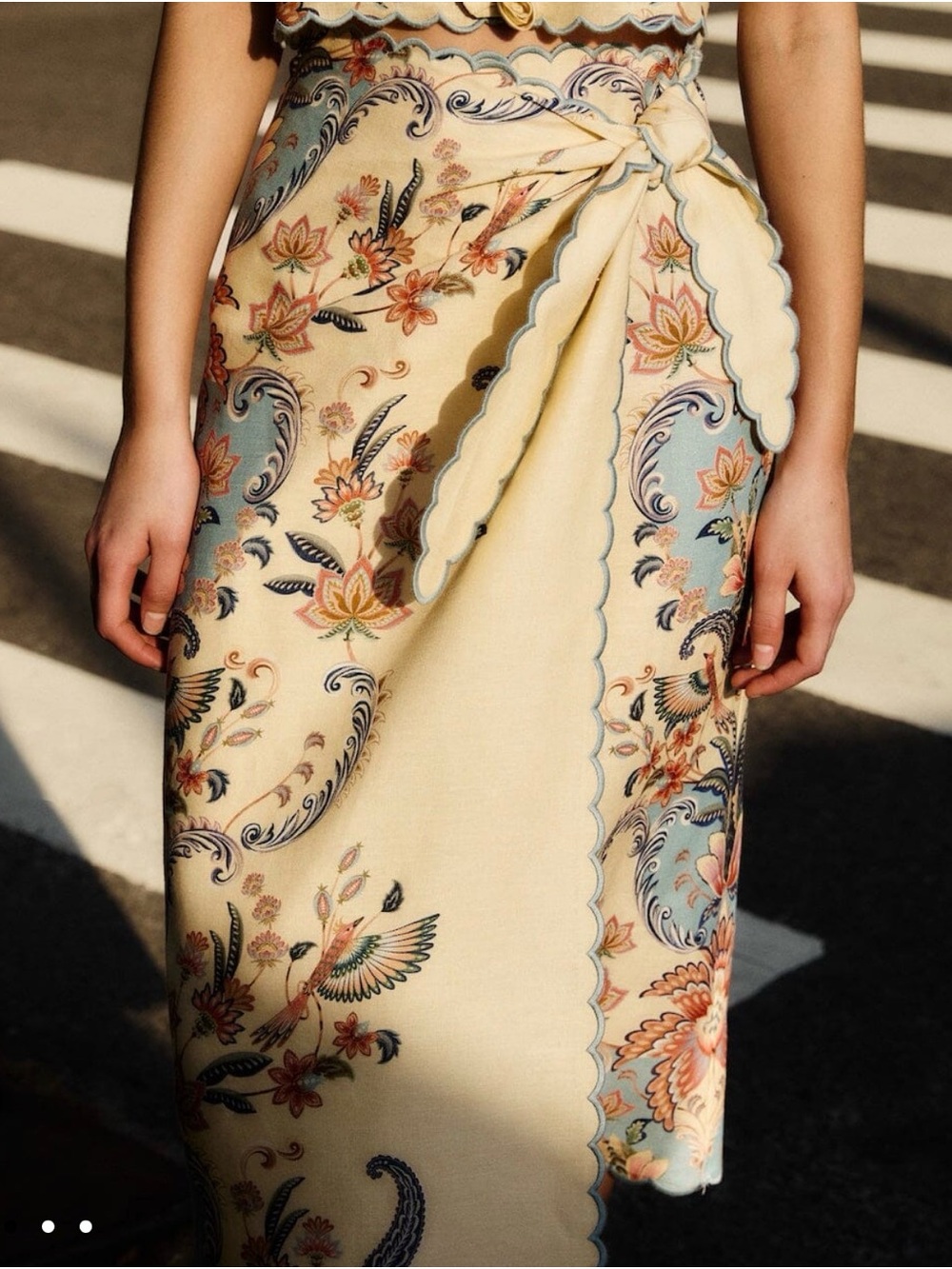 FARM Rio Cream Floral Wrap Midi Skirt with Blue Accents
